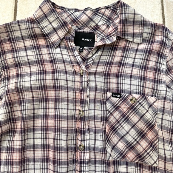 Hurley Lightweight Pink/Purple/White Plaid Button Down Blouse - Picture 4 of 11